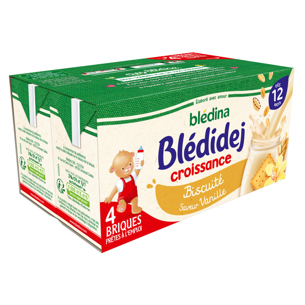 Lait et céréales bébé dès 12 mois biscuité saveur vanille Blédidej  Croissance BLEDINA : la boîte de 4 briques de 250ml à Prix Carrefour