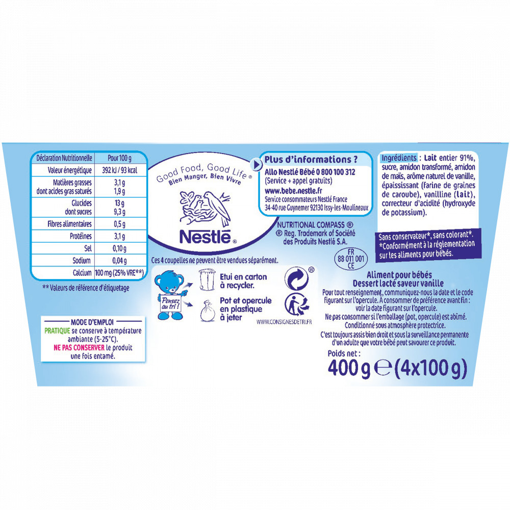 Nestlé Bébé P'tit Brassé Nature sans sucres ajoutés - Laitage dès 6 mois -  4 x 100g : : Epicerie