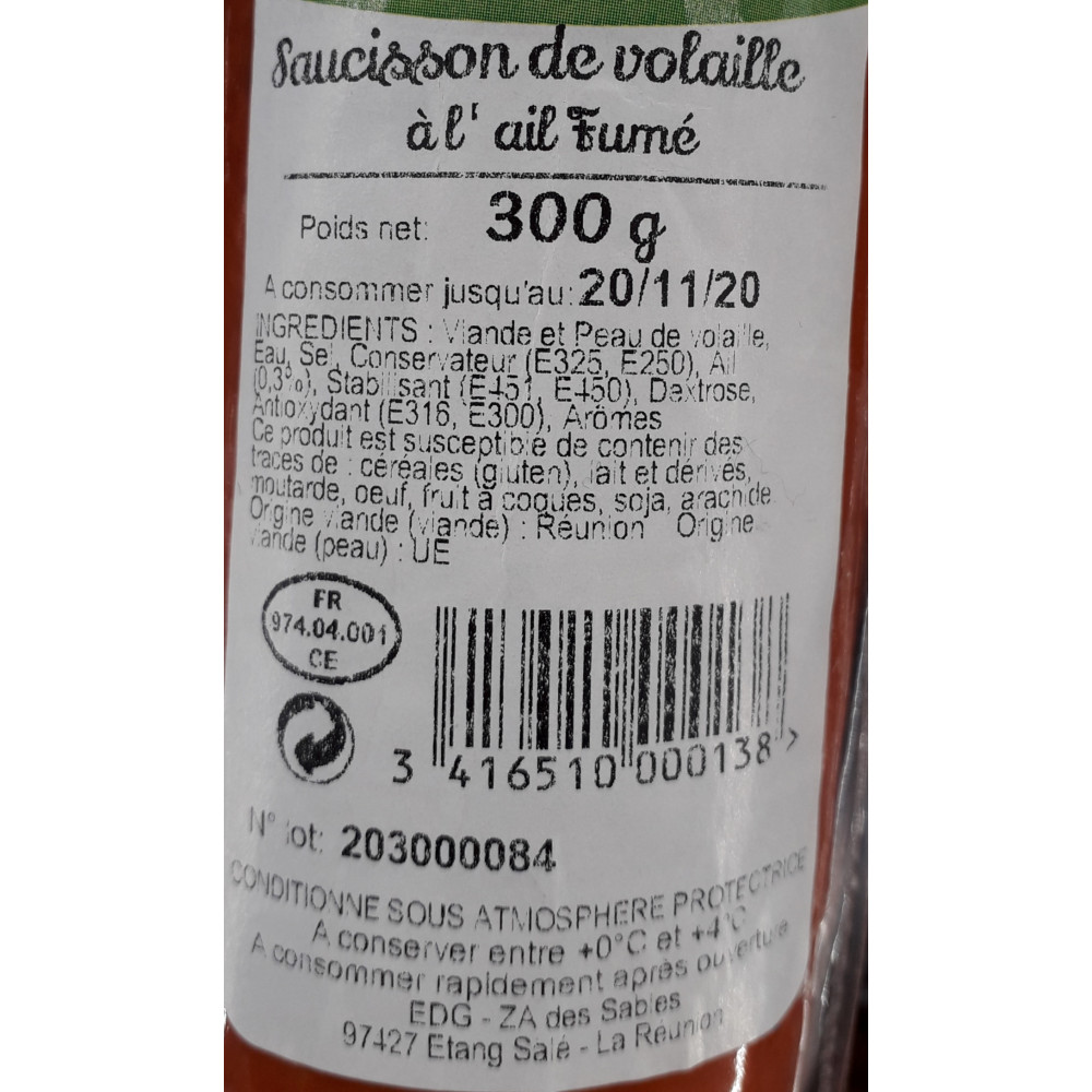 Saucisson de volaille à l'ail fumé - CREOLAY - 300g - Drive Z'eclerc